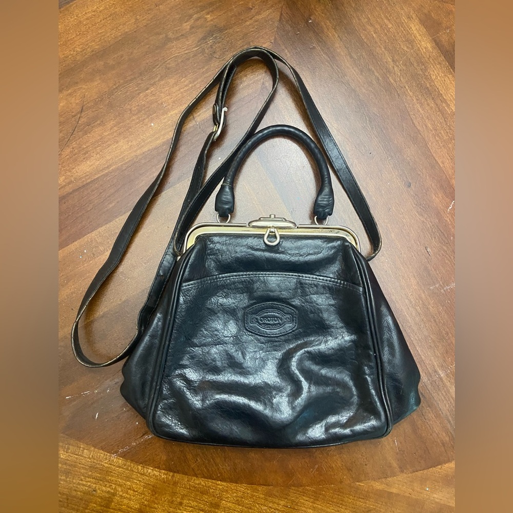 Oroton genuine cowhide leather top handle vintage black purse with strap